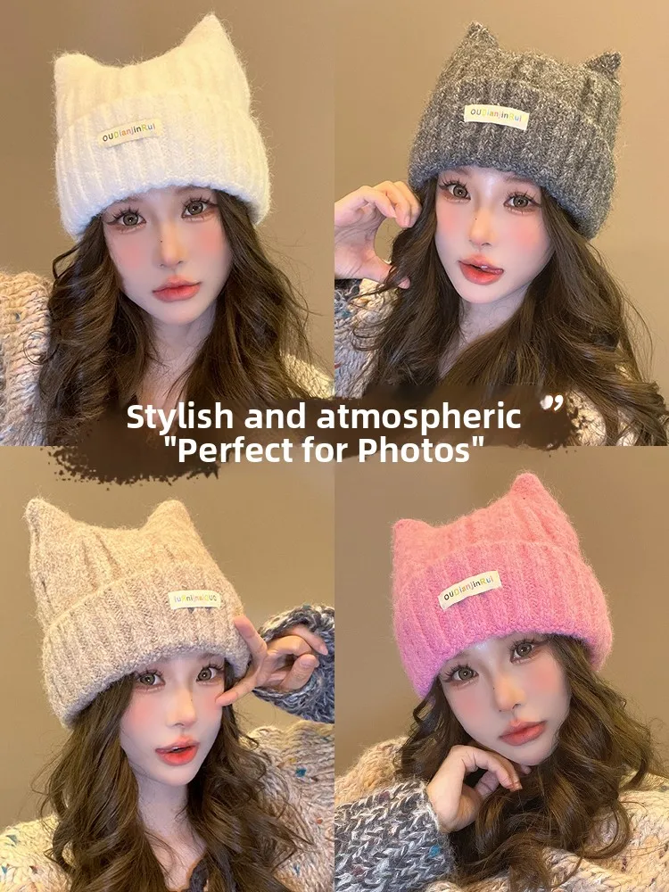 

Вязаная шерстяная шапка с ушками, женская теплая защита ушей, маленький эффект лица, осенне-зимняя универсальная милая шапка