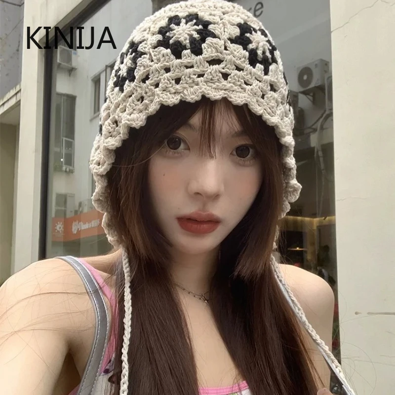 Handmade Hollowed Out Crochet Hat Girls Thin Knitted Bucket Hat All Season Headscarf Hats Cute Breathable Beanie Cap Japanesesle