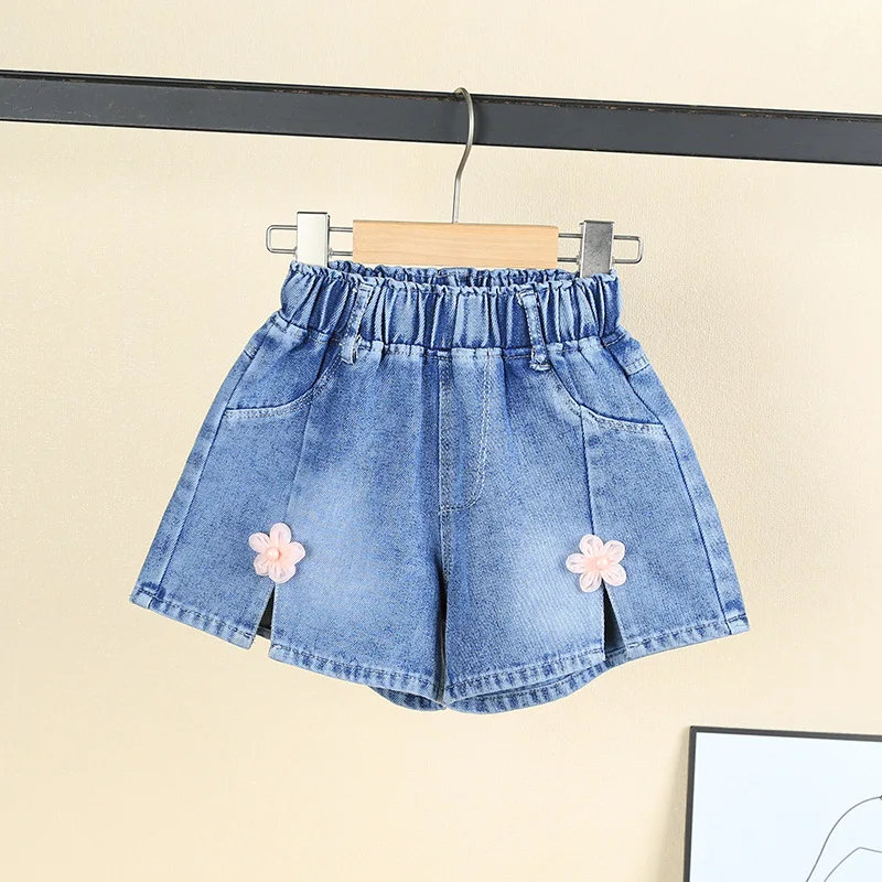 MILANCEL New Summer Kids Shorts 4-8T Sweet Flower Bow Girls Denim Shorts Comfortable Thin Cherry Children Half Pants