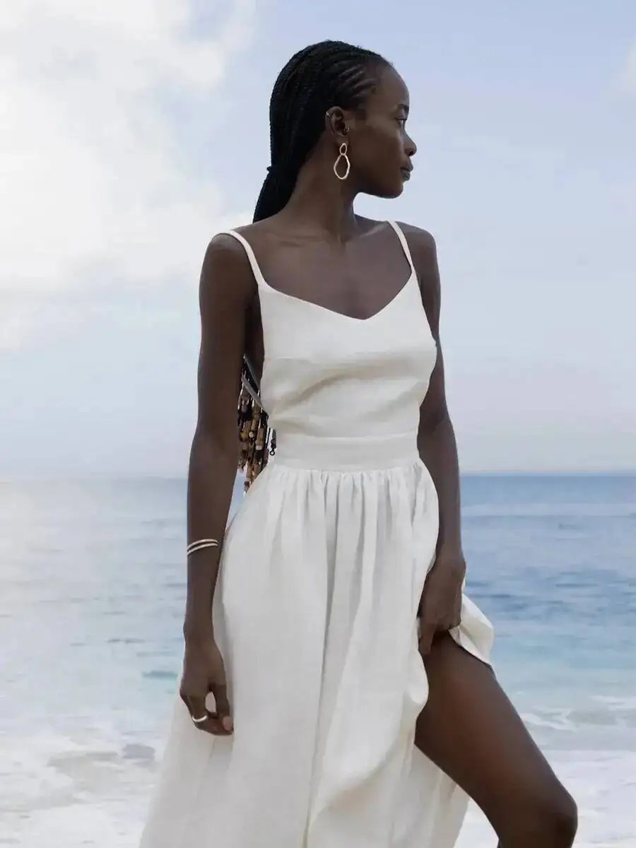 Primavera verão praia estilo vestido feminino vintage solto a linha sling vestido sexy menina quente 100% algodão com decote em v vestido l19w