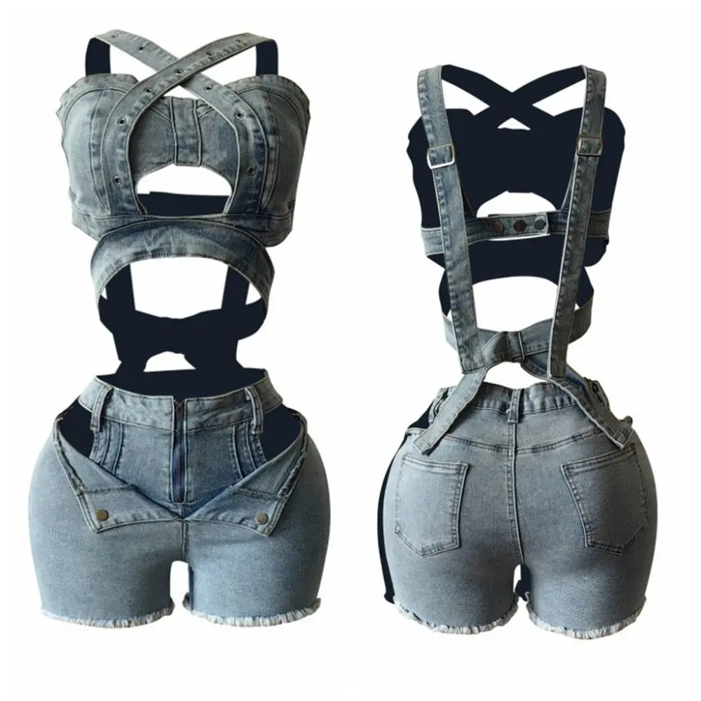 レトロカウボーイショーツセットスパイシーガールスタイルクロスベルトデニムクロップトップショーツジャンプスーツ女性服ノースリーブボディスーツガール