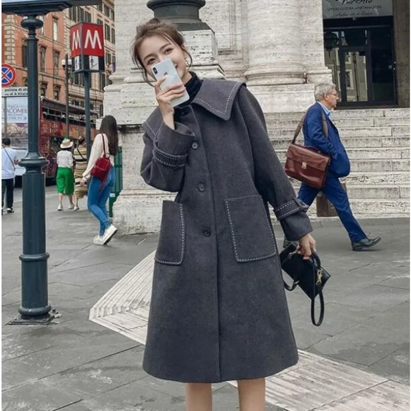 

Fashion Women Design Woolen Coat Winter New Female Korean Style Doll Collar Solid Color Outwear Mid-Length Loode Casual Outcoat