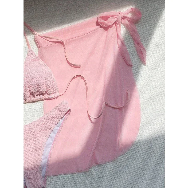 Rosa einfarbiger 3-teiliger Badeanzug für Damen, 2023, Sommer, Strandrock, Bikini, V-Ausschnitt, Neckholder, rückenfrei, Badeanzug, Sommer-Strandbadebekleidung