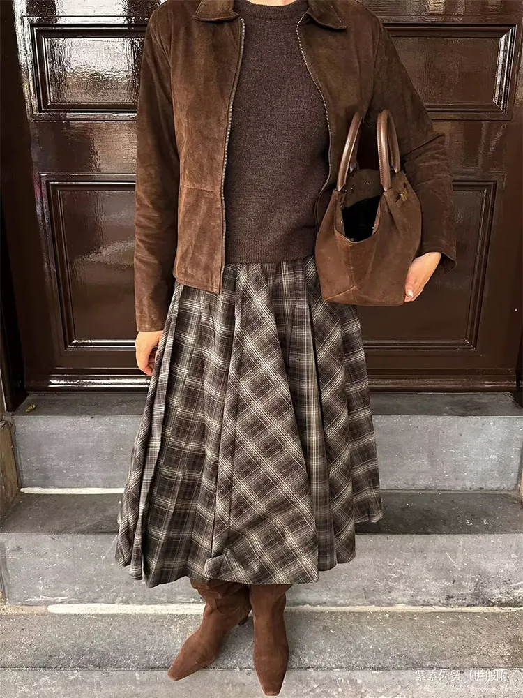 Jupe MIDI à carreaux pour femmes, taille haute, fermeture éclair, ample, élégante, vêtements de rue, automne 2025