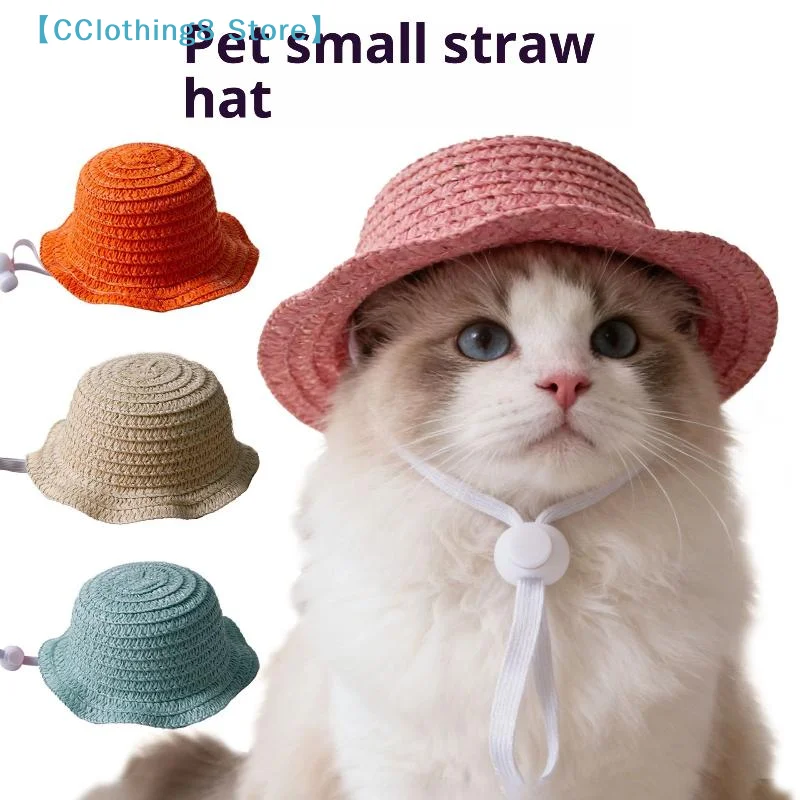 Pet Straw Hat Sun Protection Hat For Cats And Dogs Mini Breathable Adjustable Pet Woven Hat Cat Dog Outdoor Headwear 【AliS8】