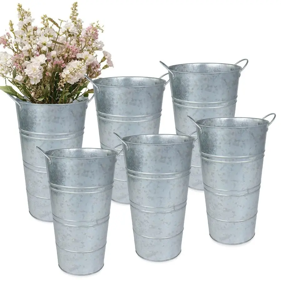 

Inch Galvanized Metal Vases for Flowers 6 Pcs Farmhouse Decorative Tall Flower Bucket with Handles, Rustic French T Customizable