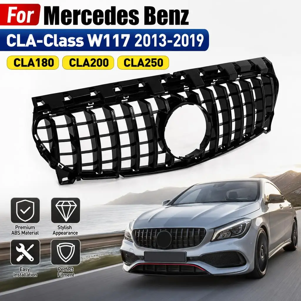 Für Mercedes Benz CLA-Klasse W117 2013-2019 CLA180 CLA200 CLA250 GT-Style Mesh Auto Frontgrill Rennsport-Kühlergrill Schwarz