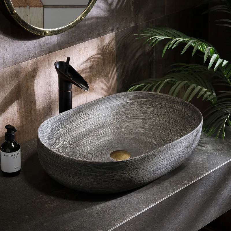 Modern Retro Ceramic Art Oval Washbasin Single-Hole Faucet Mount Eco-Friendly Easy Clean 5-Year Warranty for Bathroom