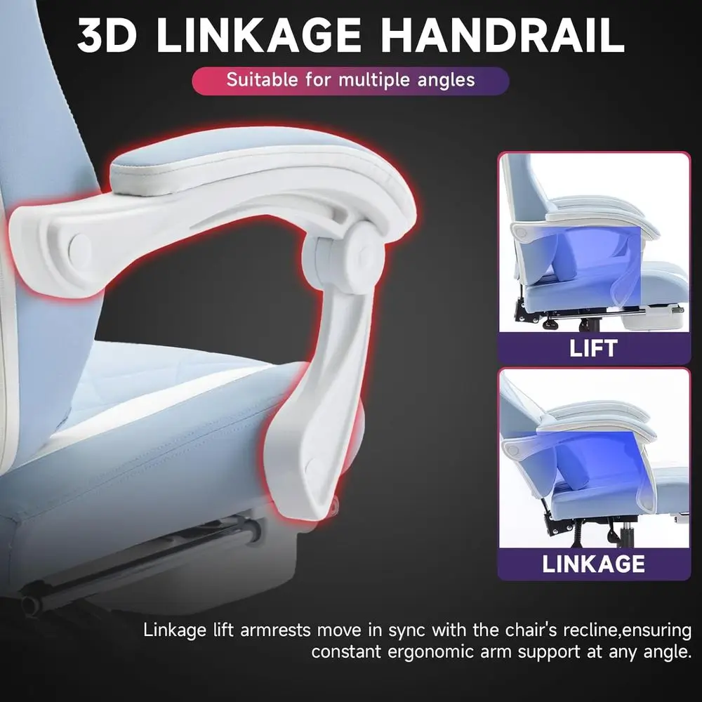 Ergonomic Gaming Chair with Ottoman and Massage Lumbar Support, Cyan White Office Video Game Chair view 6