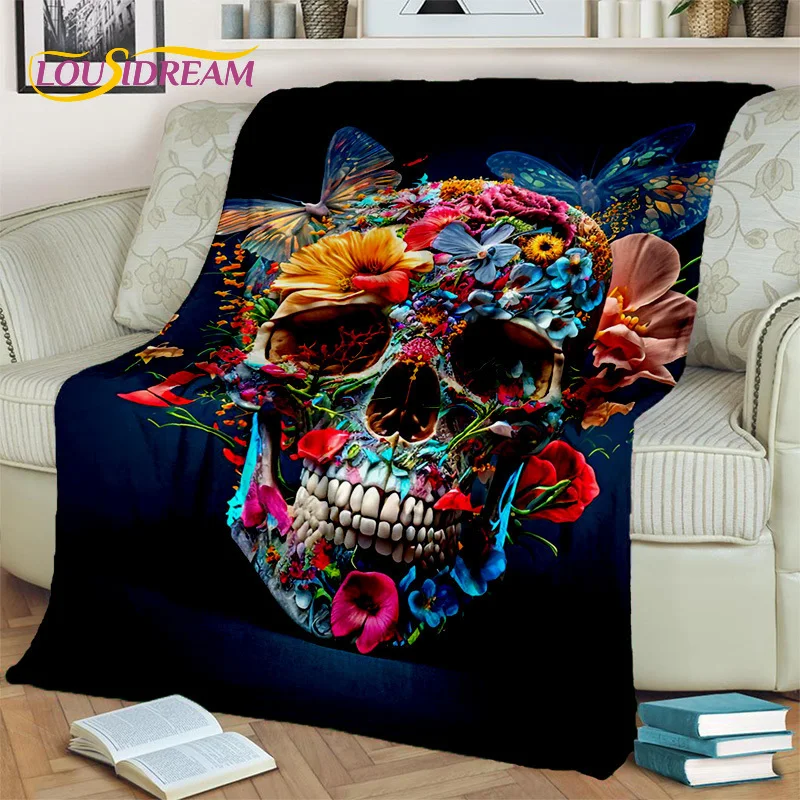 Horrible Cartoon Skull Flower Gothic Blanket,Soft Throw Blanket for Home Bedroom Bed Sofa Picnic Travel Office Cover Blanket Kid