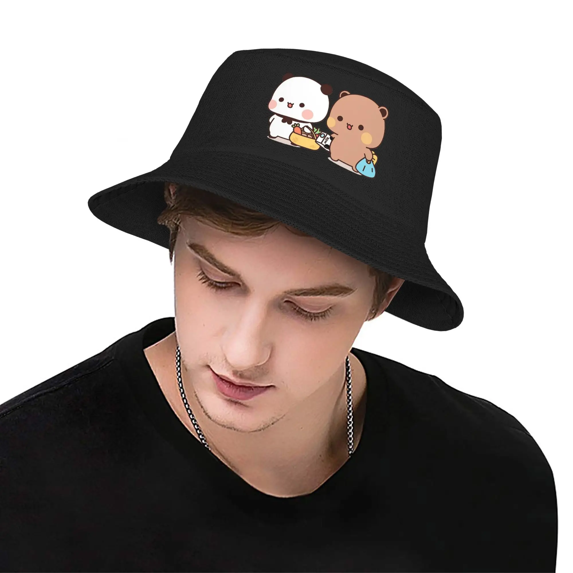 Men Women Bucket Hats Panda Bear Couple Anime Cartoon Vocation Getaway Headwear Fishing Fisherman Caps Bubu And Dudu Bob Hat