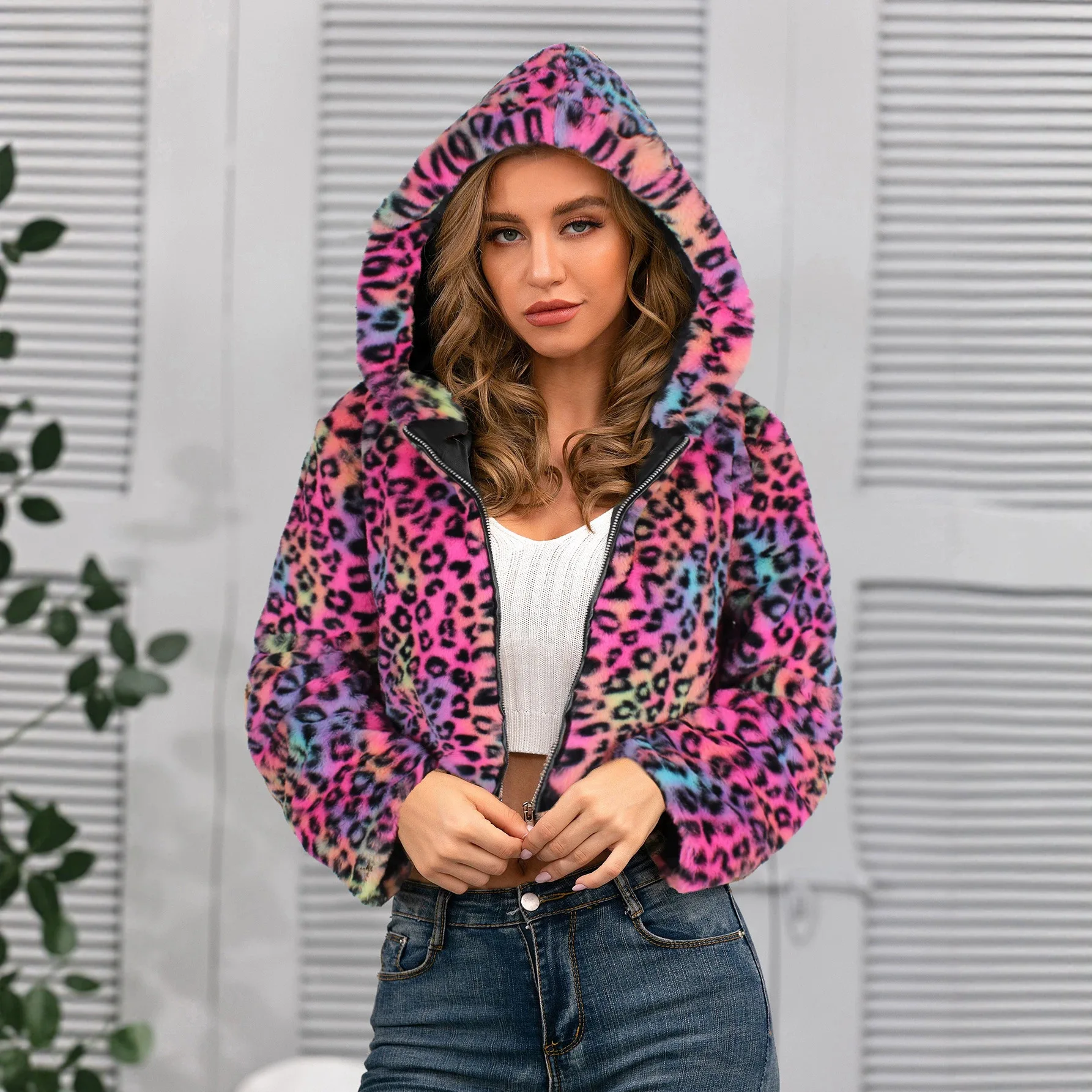 Women Faux Fur Short Coats Jackets Hooded Leopard Print Coat Thick Warm Y2k Streetwear Jacket Elegant Outerwear Autumn Winter