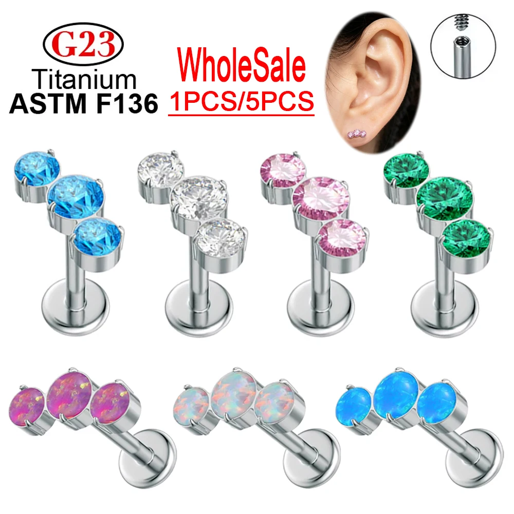 G23 Titanium Piercing Earrings CZ&OP Stone Labret Lip Nose Stud Ear Cartilage Tragus Body Jewelry Rings Internal Threaded Nail