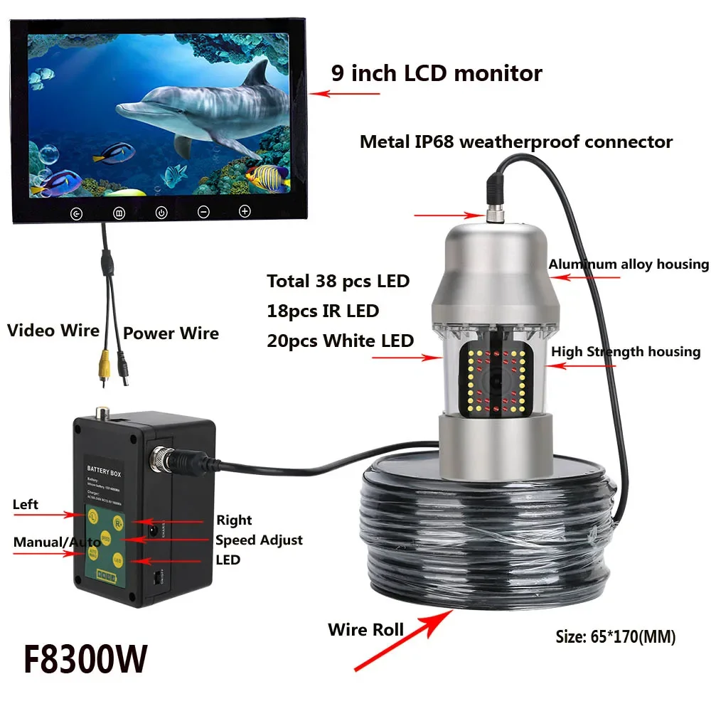 9 Inch 20m Underwater Fishing Video Camera Fish Finder IP68 Waterproof 38 LEDs 360 Degree Rotating Camera