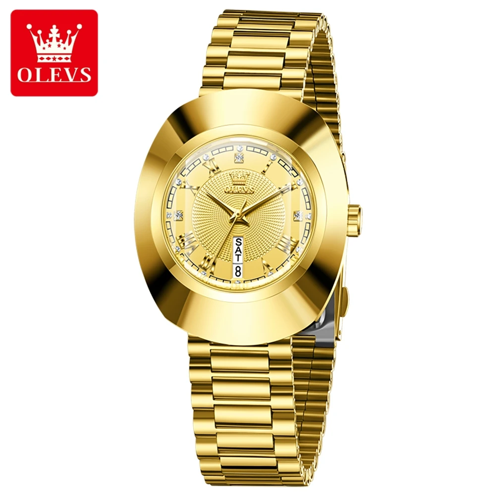 OLEVS Quartz Watch for Women Luxury Brand Golden Tungsten Steel Case Waterproof Dual Calendar Fashion Elegant Ladies Wristwatch