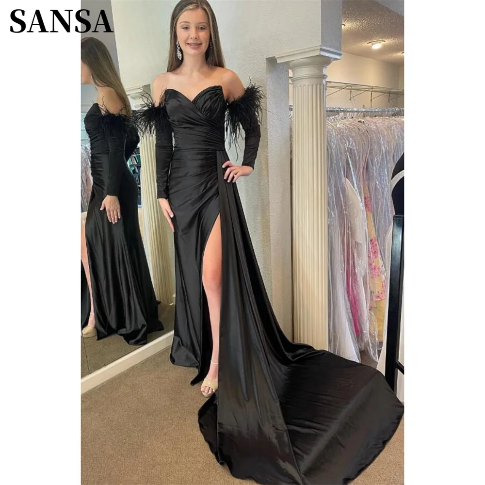 

Sansa Sexy Strapless Mermaid فساتين السهرة Glaring Black Satin Fishtail Vestidos De Noche Feather Sleeves Trumpet Prom Dress