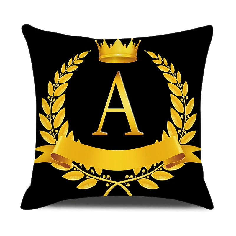 Gold Alphabet Cushion Cover 45X45 Olive Leaf Wreath Crown Printed Black Pillow Case Home Decorative Pillowcase Sofa Pillow Cover