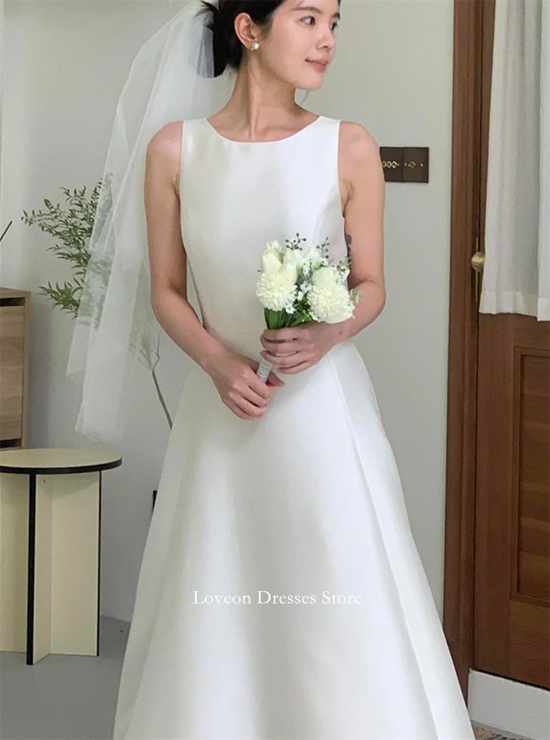 

O-Neck Sleeveless Wedding Dresses Customized Simple Satin Floor Length Pretty White A-Line Bride Gowns Party Women Bride