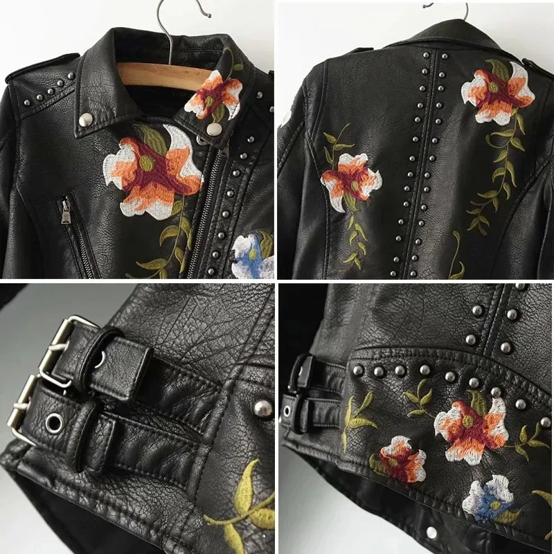 Floral Embroidery Faux Soft Leather Jacket Women Spring Fall Winter Pu Motorcycle Coat Black Punk Biker Rivet Pocket Outerwear