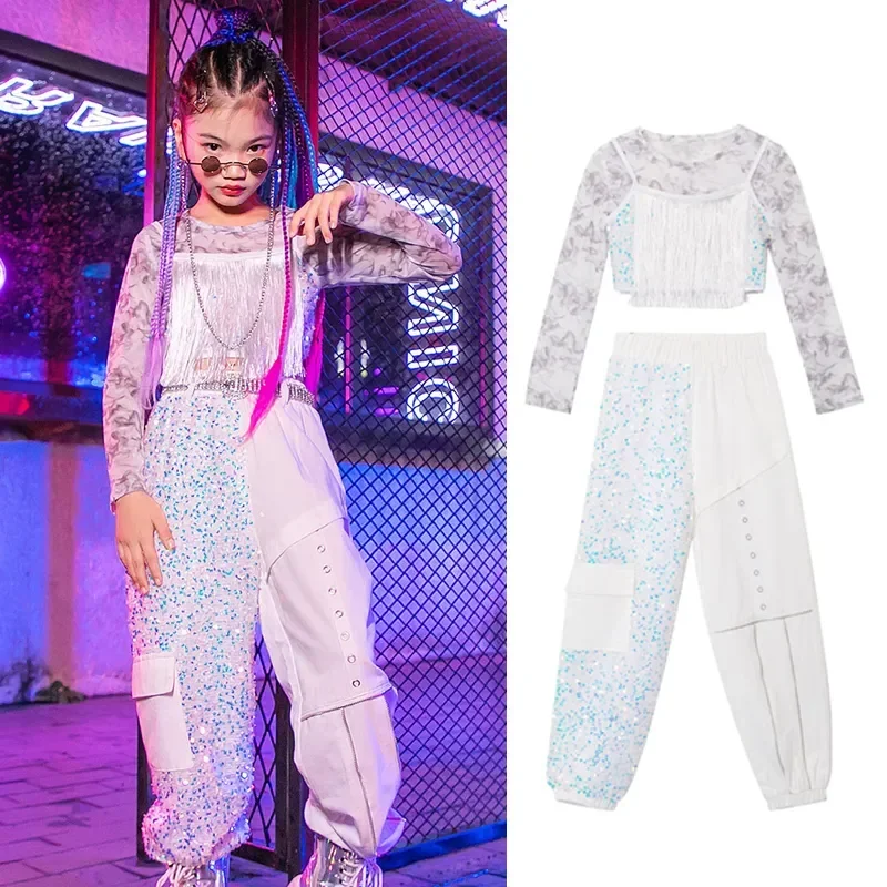 

Hip Hop Clothes Kpop Outfit ChildrenS Street Dance Clothing For Girls Jazz Costumes Silver Fringed Vest Cargo Pants Kids