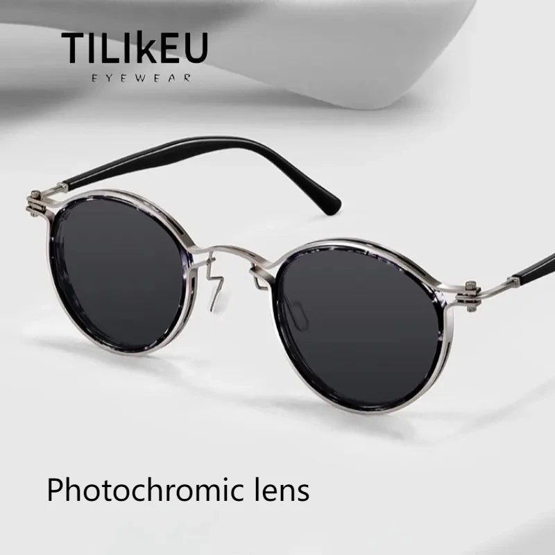 

Italian Brand Designer Photochromic Sunglasses for Men Retro Alloy Acetate Round Frame UV400 Travel Driving Polarized Sunglasses