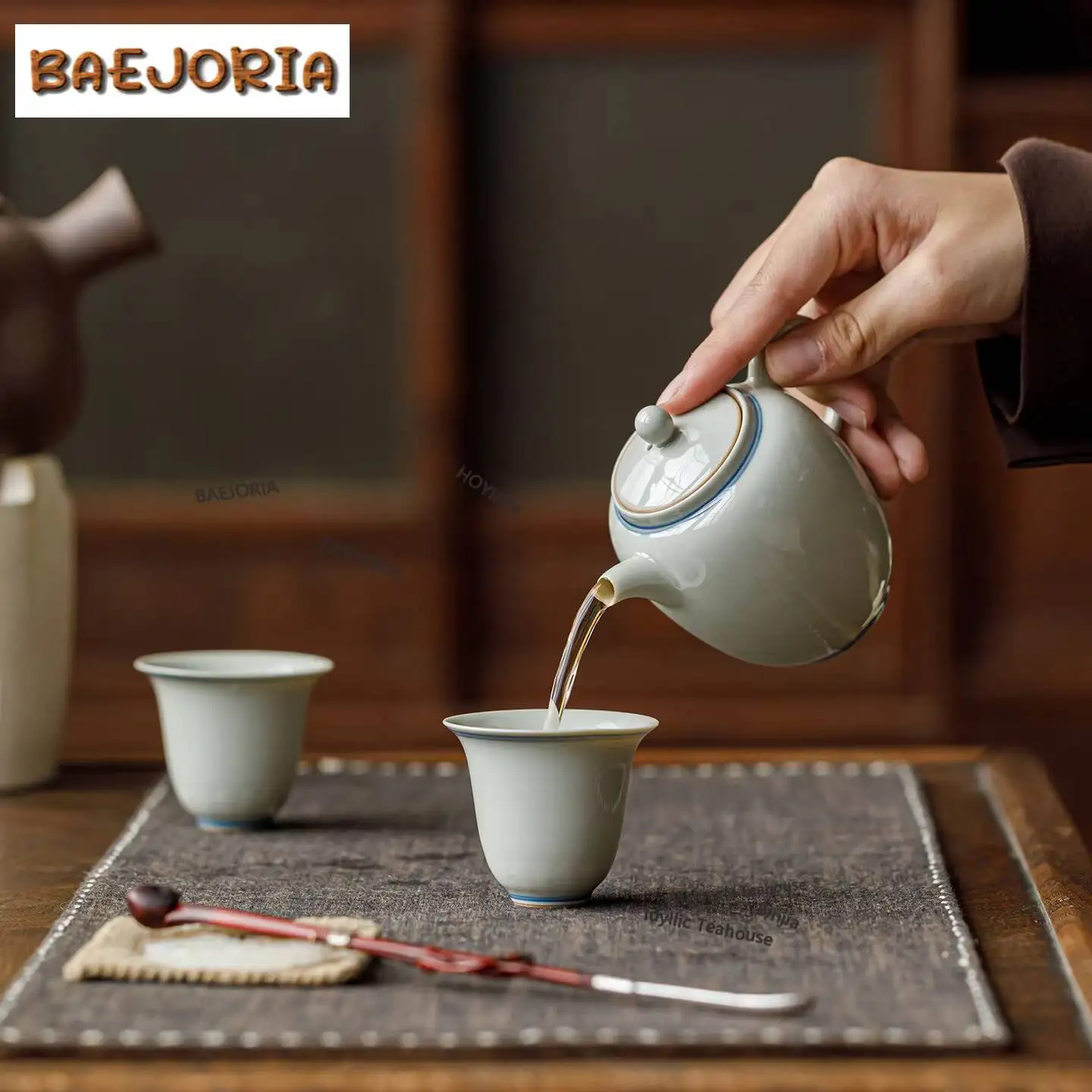 Ice-glazed Hand Drawn Double Lines Tea Set Complete Set Handmade Tea Ceremony Set Teapot And Tea Cup Set Tea Items Ornaments