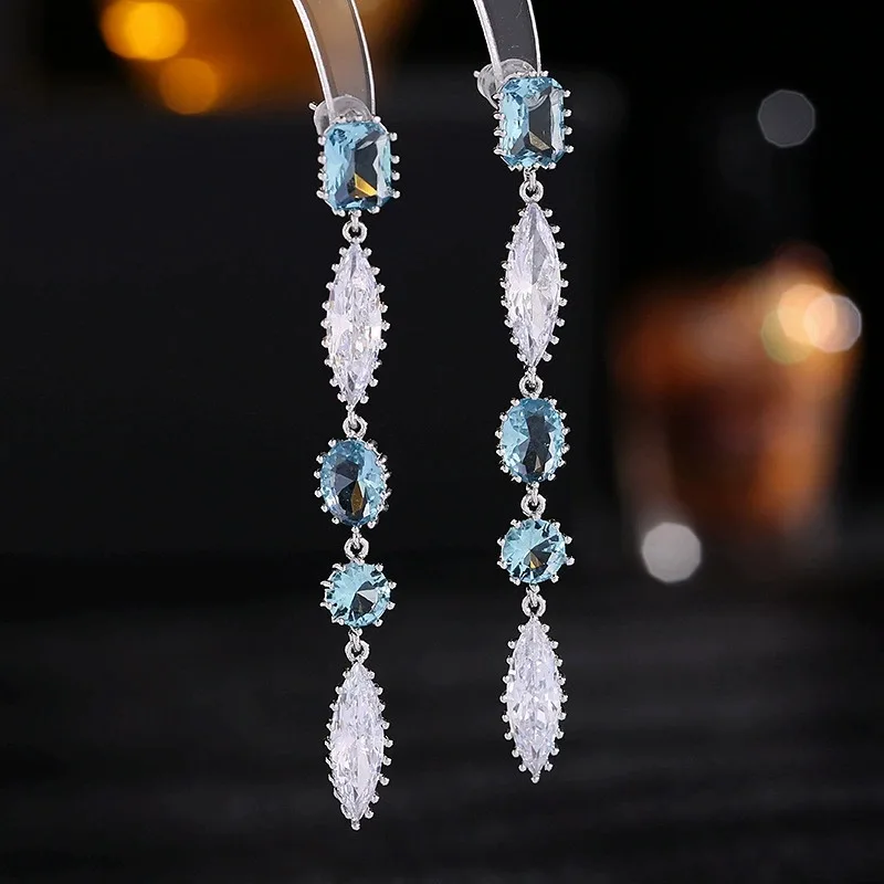 s925 silver needle super fairy light luxury high-end earrings trendy long face-modifying super flash zircon tassel earrings