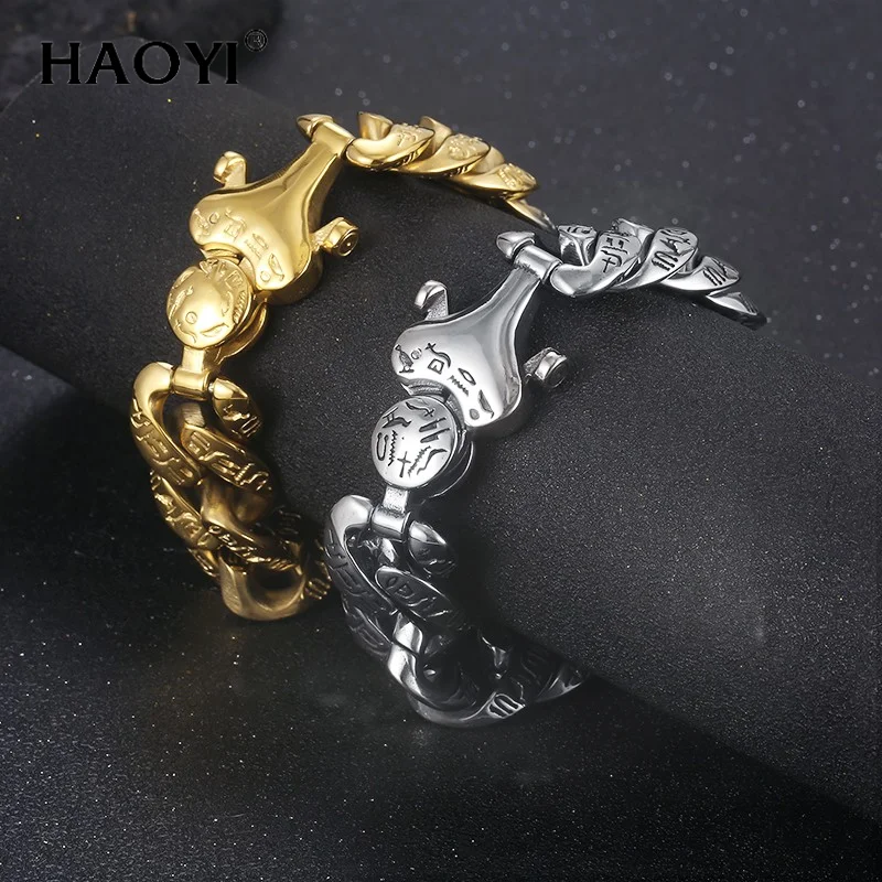 

HAOYI 220X20Mm Stainless Steel Cuban Chain Men's Women's Vintage Silver/Gold Color Bracelet With Vintage Text Minimalist Jewelry