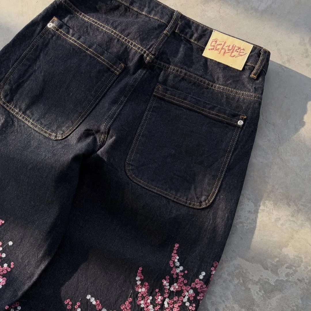 Spodnie Y2K Baggy Jeans Oversize z haftem kwiatów wiśni Harajuku Vintage z szerokimi nogawkami Gothic Męskie Damskie Hip Hop Proste nogawki