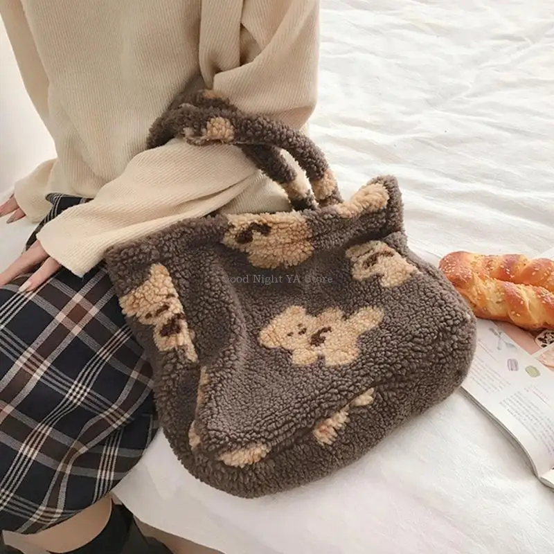 Damska płócienna torebka z grubej bawełny torba na ramię z tkaniny podobnej do jagnięciny niedźwiedź haftowana torebka typu na