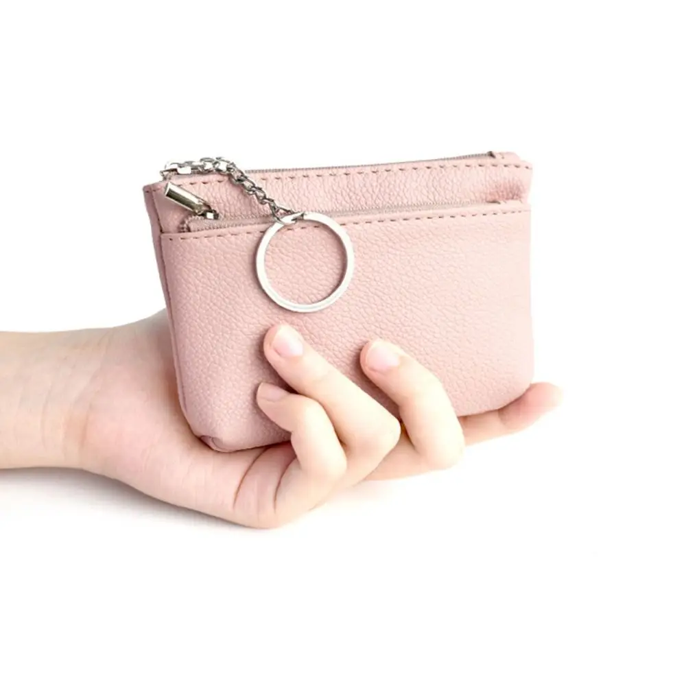 

Portable Zipper PU Leather Coin Purse Credit Card Holder with Key Ring Mini Change Purse Pure Color Card Pocket Short Wallet Man