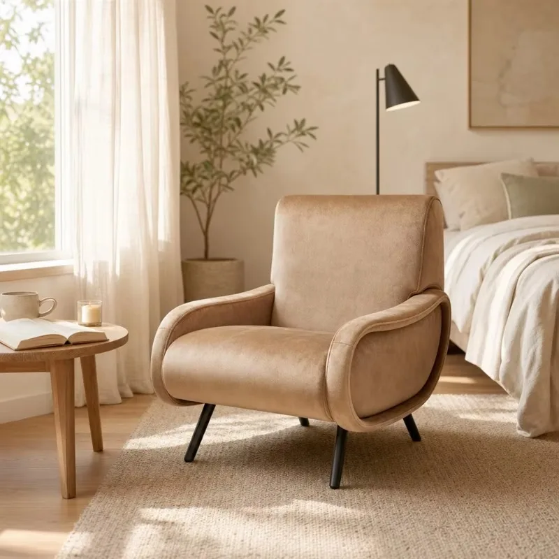 Modern Camel Velvet Lounge Chair with Wrap Around Arms Low Profile Accent Armchair for Living Room Bedroom