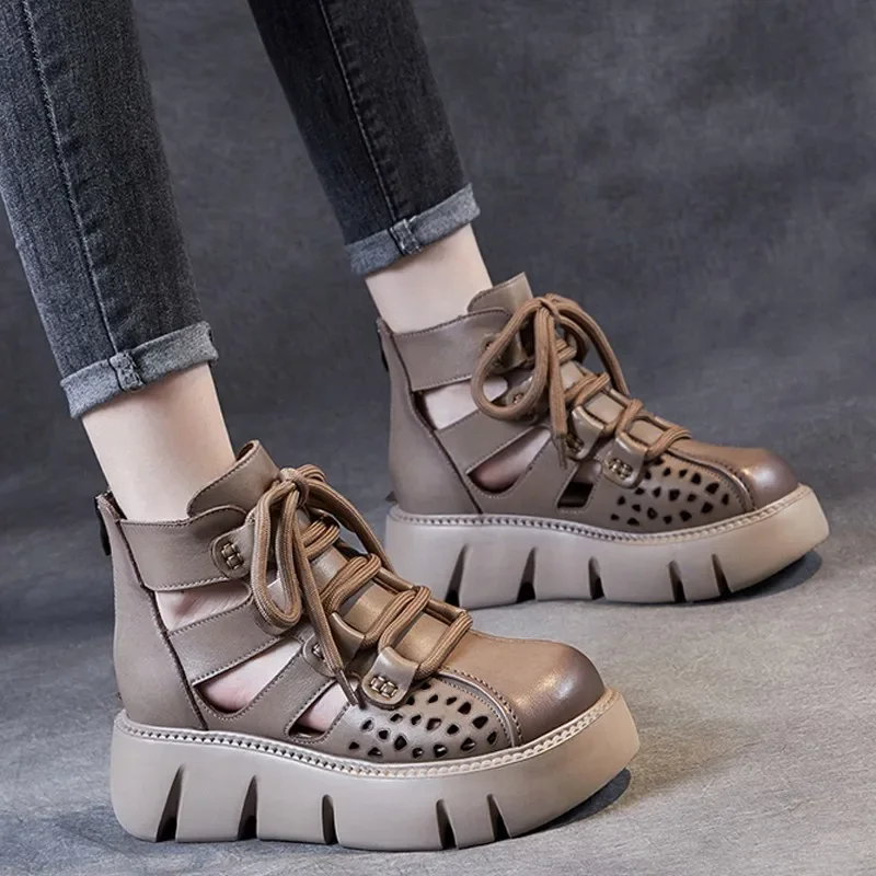 New Handmade Retro Women Platform Sandals Pu Leather Hollow Baotou Wedges Gladiator Shoe Back Zipper Thick Bottom Cool Boot