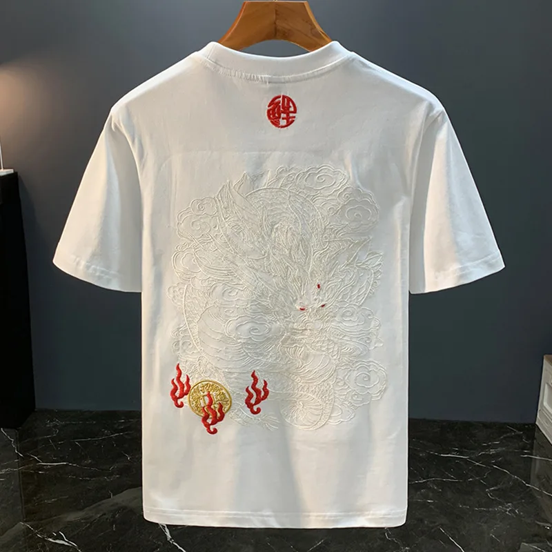 Chinese Loong Embroidery Printed Short Sleeve T-shirt Men's 2025 Summer Loose Casual Fashion National Style Retro Top