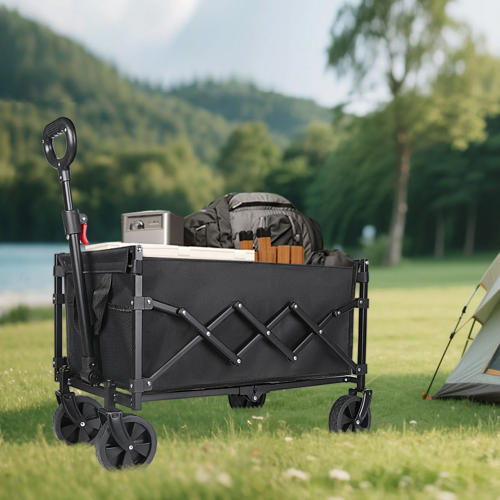 عربة تخييم محمولة قابلة للطي 100 لتر 75 كجم 165 رطل تحميل عالي التحمل 4 عجلات 360 درجة °   عربة سفر للنزهات على الشاطئ قابلة للدوران في الهواء الطلق