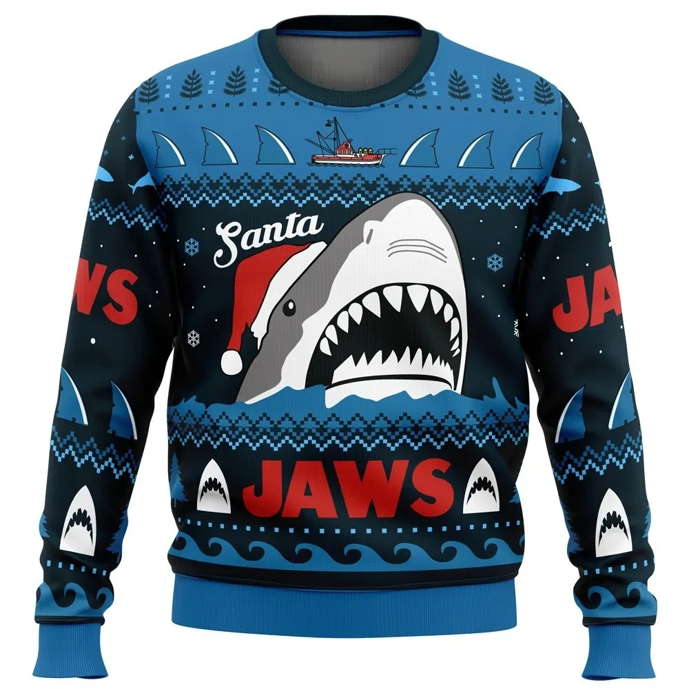 Santa Jaws Jaws Men's Crew Neck Ugly Christmas Sweatshirt Soft Comfy Stylish Relaxed-Fit Plus Size Long Sleeve Autumn Winter