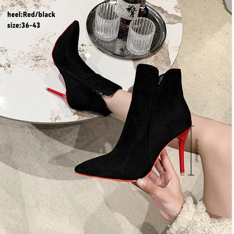 

Women Short Boots Stilettos Winter Red Heels Zip Warm Black Ankle Boots Women Flock Footwear Office Shoes Fashion Basic Pump