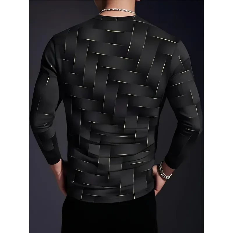 Camiseta de manga larga casual para hombre, estampada en 3D, 2026, negra, con patrón geométrico de cuadrícula, transpirable, top deportivo para gimnasio, senderismo, ajuste cómodo
