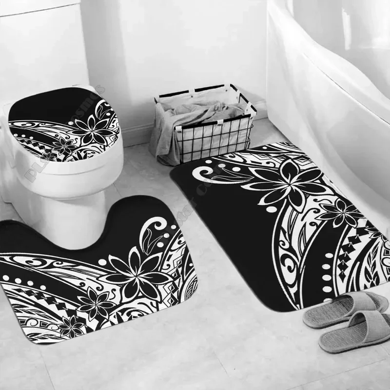 Polynesian Home Set Polynesian Black And White Tribal Bathroom Set 3D printd Bathroom Pedestal Rug Lid Toilet Cover Bath Mat Set