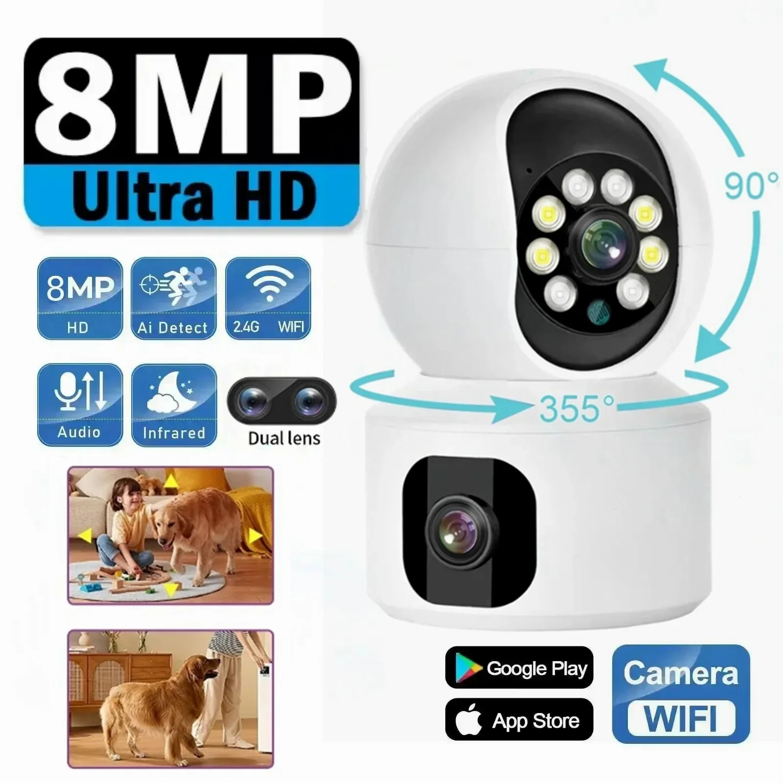 8MP WiFi Camera Dual Screen Smart Home Secuiry Cameras Baby Monitor Two-way Audio Color Night Vision 10X Zoom CCTV Surveillance