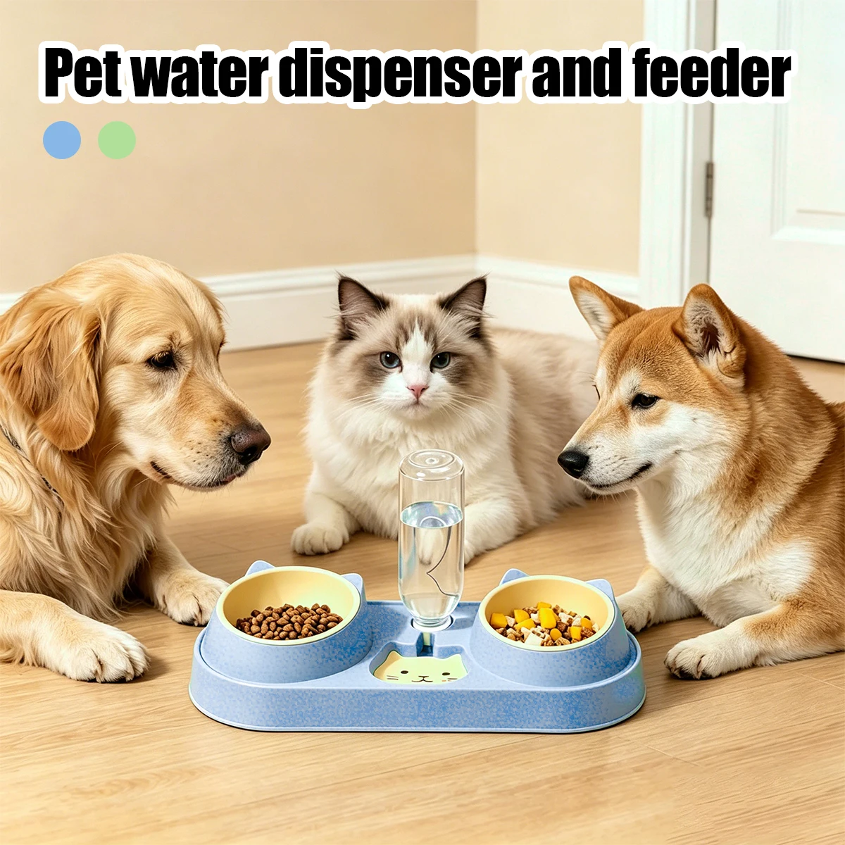 15° Tilt Pet Cat Feeder Drinker Combo Food Bowl Treat Bowl Double Bowls with Replaceable Automatic Water Dispenser Pet Supplies