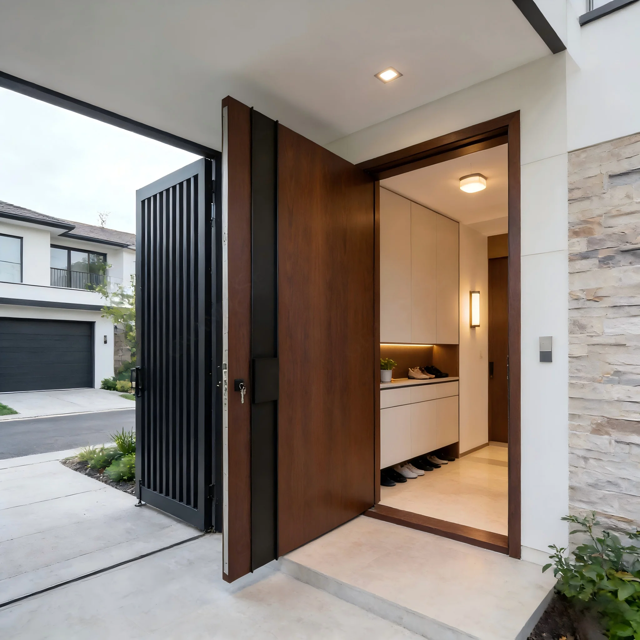 

Modern Residential Entry Front Door With Glass Panels Black Steel Cast Aluminium Wooden Main Entrance Door Entrance