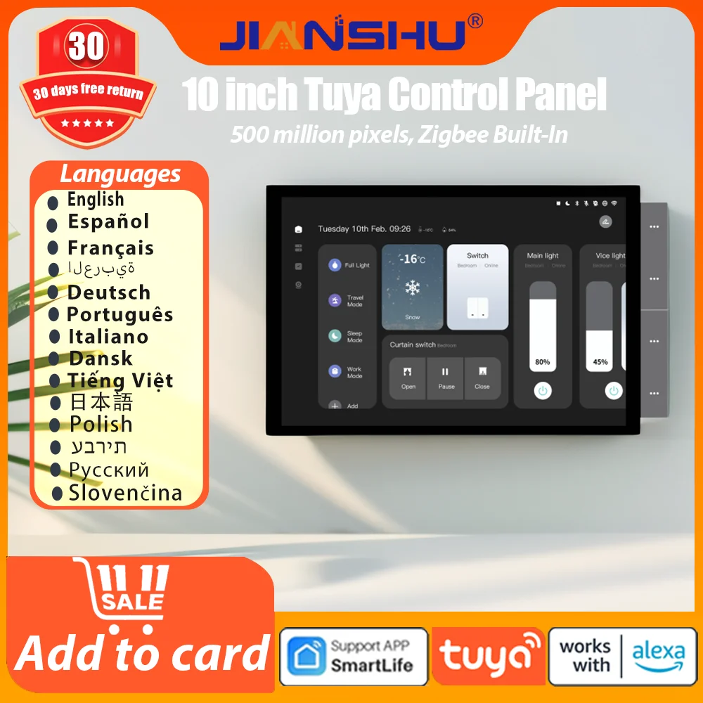 Jianshu LCD de 10 pol. Interruptor De Parede de Cena Inteligente Tela Sensível ao Toque Para Tuya Para ZigBee Alexa Original Comando de voz Português