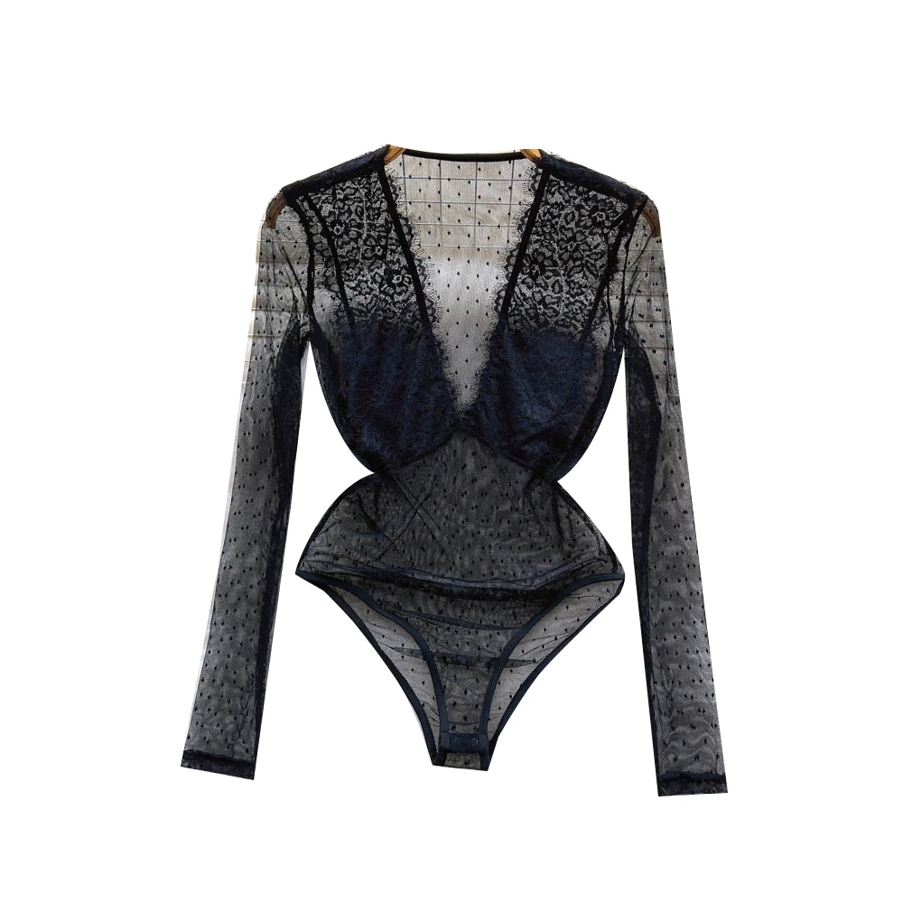 

Sexy Lace Bodysuit Nightgown Women's Pure Desire Spicy Low Chest Deep V Ne Thin Me See tough ort Pants Underwear
