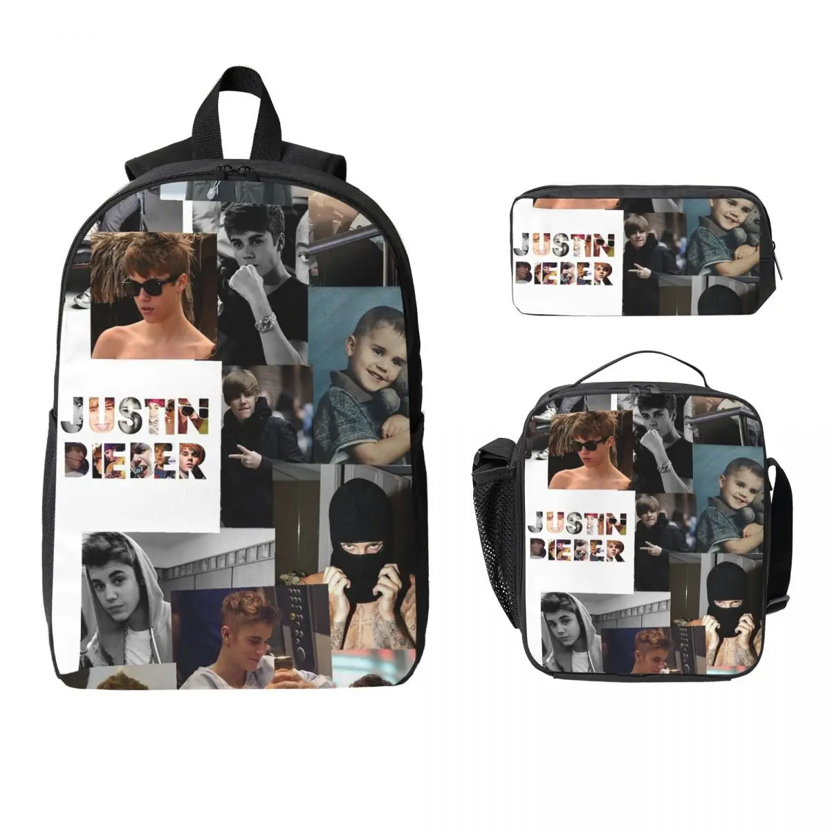 

Justin Bieber Collages Backpack Student Boys Girls BookBag School Bag Computer Shoulder Bags 3ps Insulated Lunch Bag Pencil Case
