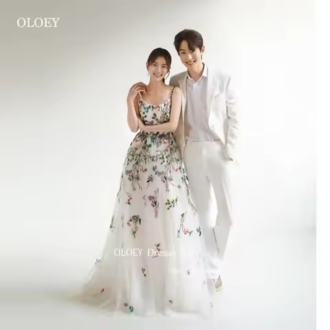 OLOEY Fairy Embroidery Floral Wedding Dresses Korea Wedding Photoshoot Strap Floor Length Corset Evening Party Dress Customized