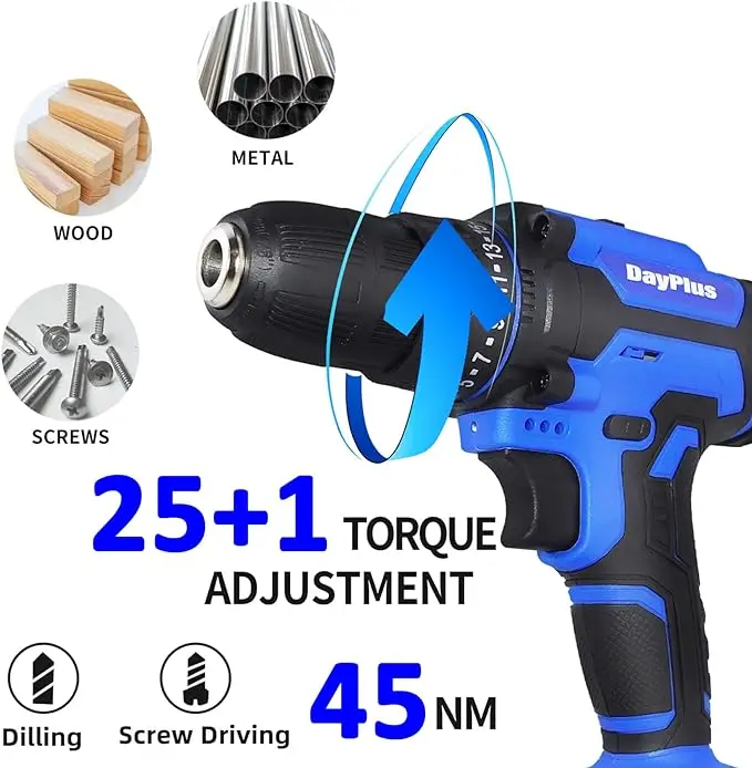 21V Electric Drill Driver, Kit with 1 Battery and Charger, 26 Drill/Screwdriver Bits, DIY Home Use