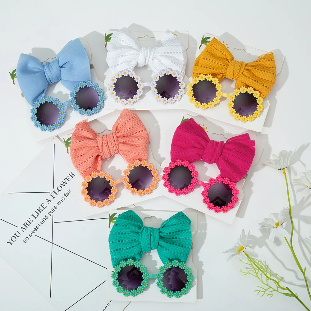 2Pcs/Card Daisy Baby Sunglasses Eyelet Bow Headband Set Elastic Nylon Hair Bands Seaside Sun Glasses Kids Headwear