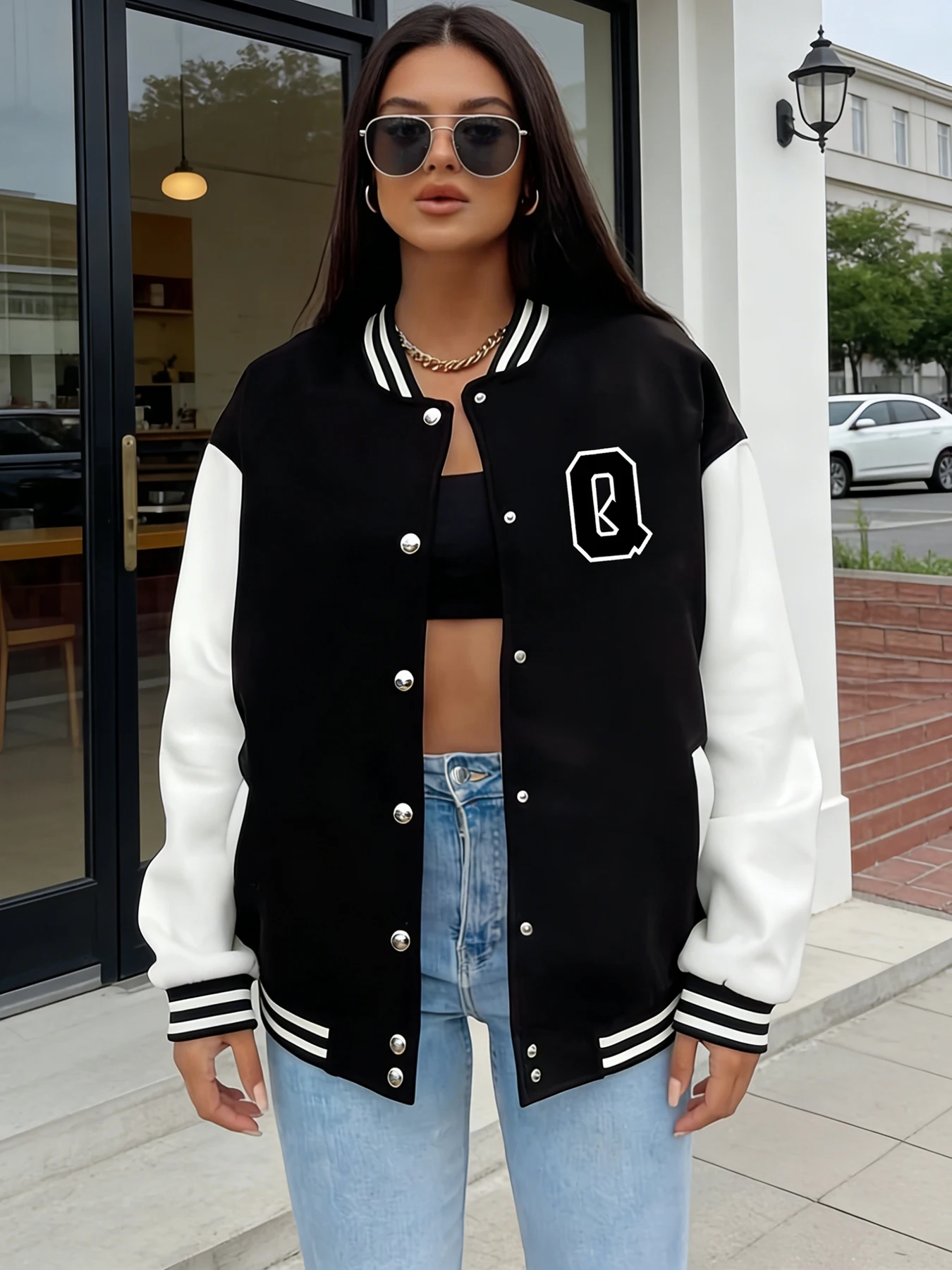 Women Oversized Varsity Jacket Letter Q Print Long Sleeve Button Front Bomber Jacket Casual Streetwear Outerwear Spring Autumn