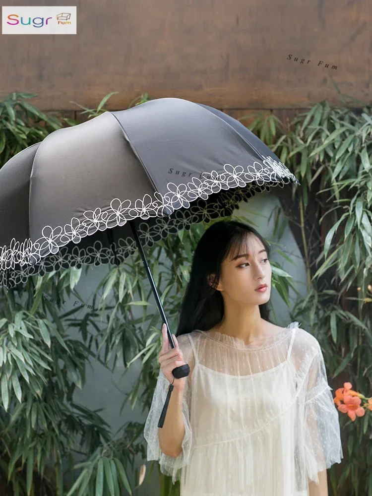 

Deep arched sun umbrella sunscreen UV protection embroidery folding princess retro sunshade rain and shine mushroom umbrella